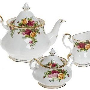 Royal Albert Old Country Roses 3-Piece (Teapot, Sugar & Creamer) Tea Set